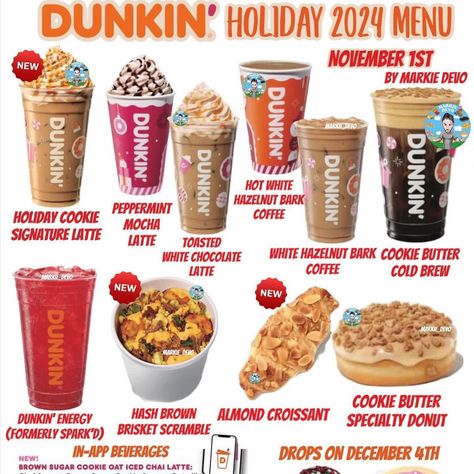 Dunkin menu Hazelnut Bark, Dunkin Drinks, Peppermint Coffee, Iced Chai Latte, Brown Sugar Cookies, Iced Chai, Almond Croissant, Spice Cookies, Chai Latte