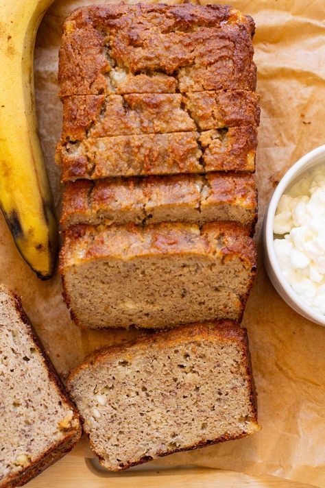 Cottage Cheese Banana Bread - iFoodReal.com Banana Cottage Cheese Bread, Cottage Cheese Banana Bread Healthy, Cottage Cheese Banana Bread, Cheese Zucchini Bread, Cottage Cheese Zucchini, Banana Bread Recipie, Banana Cottage Cheese, Cottage Cheese Banana, Greek Yogurt Banana Bread