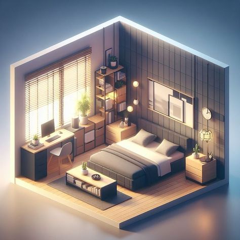 Isometric 3d Room, Bedroom Isometric, Blender Room, Isometric Drawings, Isometric Animation, Minimal Bedroom, Isometric Drawing, 3d Blender, Different Art