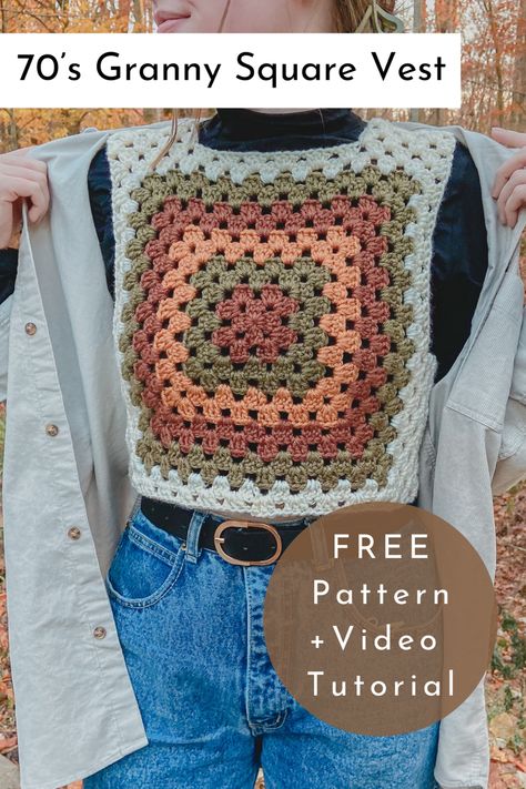 Vintage Crochet Vest Pattern Free, Crochet Granny Square Mens Vest, Crochet Granny Vest Pattern Free, Easy Crochet Granny Square Sweater, How To Style A Crochet Vest, How To Crochet A Sweater Vest, Beginner Crochet Vest, Crochet Patterns Vintage, Granny Square Sweater Vest Pattern Free