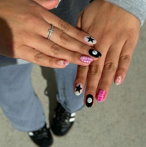 Mixed Acrylic Nails, Nail Inspo Different Designs On Each Finger, 8 Ball Nails Pink, Magic Eight Ball Nails, Pink 8 Ball Nails, Eightball Nails, Nails 8 Ball, Magic 8 Ball Nails, Cute Design Nails