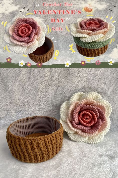 Crochet Roses: Perfect for Embellishments How to make crochet rose - Step by step tutorial Crocheted Hanging Wall Basket, Crochet Gift Sets Ideas, Crochet Mothers Day Gifts Ideas, Crochet For Valentines Day Ideas, Crochet House Decor, Flower Basket Ideas, Crochet Gift Basket, Crochet Mothers Day Gifts, Crochet Pattern Basket