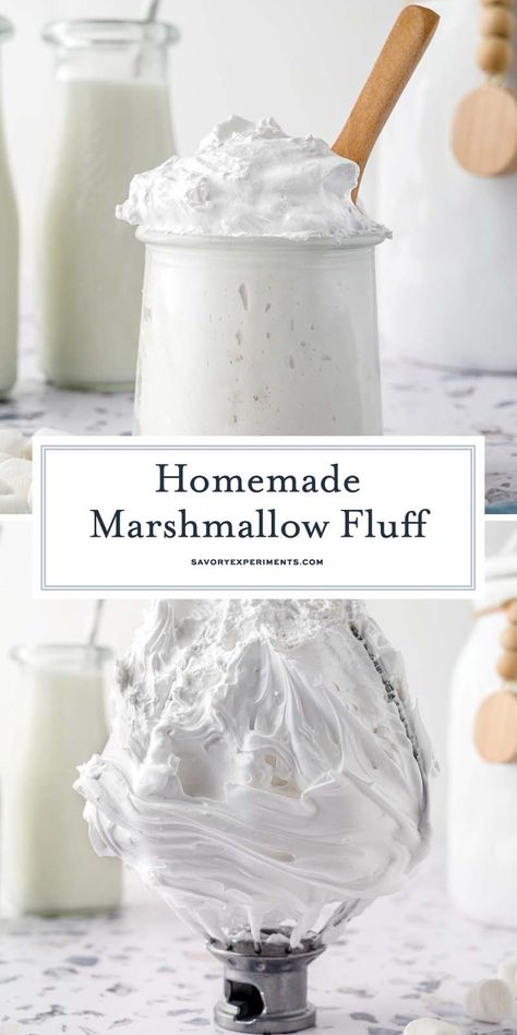 With only 5 simple ingredients, you can have this homemade Marshmallow Fluff recipe ready in under 30 minutes! So light and fluffy! Marshmallow Fluff Recipe, Paleo Marshmallows, Healthy Marshmallows, Fantasy Fudge Recipe, Marshmallow Fluff Frosting, Marshmallow Fluff Recipes, Homemade Marshmallow Fluff, Mouthwatering Desserts, Homemade Marshmallow