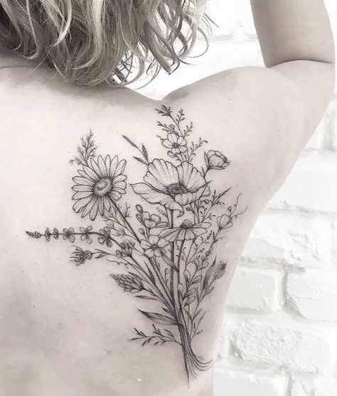 Flower Variety, Floral Back Tattoos, Dragon Tattoo Ideas, Floral Tattoo Shoulder, Design Tattoos, Flower Tattoo Back, My Tattoos, Bouquet Tattoo, Wildflower Tattoo