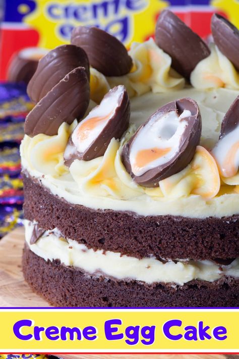 Creme Egg Cake - A very chocolatey chocolate cake, with smooth white chocolate buttercream and plenty of Cadbury Creme Eggs. Creme Egg Cake, Cake Recipes Uk, Creme Eggs, Egg Chocolate, Cadbury Creme Egg, Egg Cake, Creme Egg, Easter Baking, Chocolate Buttercream