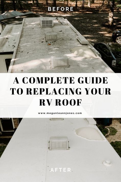 Today I'm sharing how we completely removed and replaced our rubber RV roof. You'll find a step by step guide on exactly how to replace your RV roof, links to products we used, and more! #rvrenovation Roof Repair Diy, Rv Roof Repair, Roof Renovation, Rubber Roof, Vintage Camper Remodel, Roof Coating, Travel Trailer Camping, Rv Repair, Diy Camper Remodel