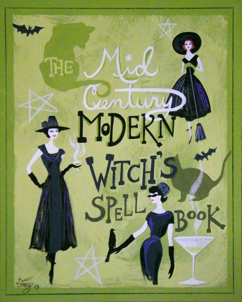 The Mid Century Modern Witch's Spell Book 1950s Witch Aesthetic, Mid Century Modern Witch, Mid Century Witch, Mid Century Halloween, Spooky Mid Century Modern, Mid Century Advertising Illustration, Mid Century Halloween Illustrations, Mid Century Cookbook Illustration, Autumn Doodles