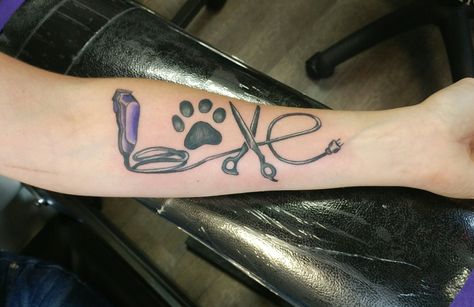 Dog groomer tattoo by joe dillon at www.inktherapynj.com Grooming Tattoo Ideas, Dog Groomer Tattoo Ideas, Groomer Tattoo, Grooming Tattoo, Dog Grooming Tattoo Ideas, Dog Grooming Tattoo, Dog Groomer Tattoo, Dog Nail Clippers, Small Heart Tattoos