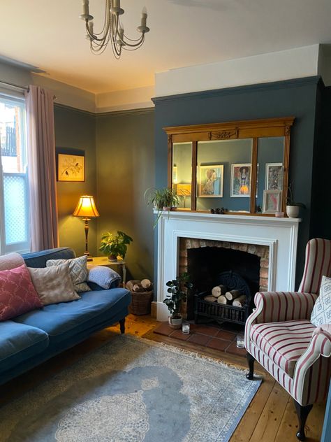 Living Room With Red Brick Fireplace, Edwardian House Interior, Council House Renovation, Edwardian Living Room, Modern Edwardian, Navy Living Room, Navy Living, Red Brick Fireplaces, Victorian Room