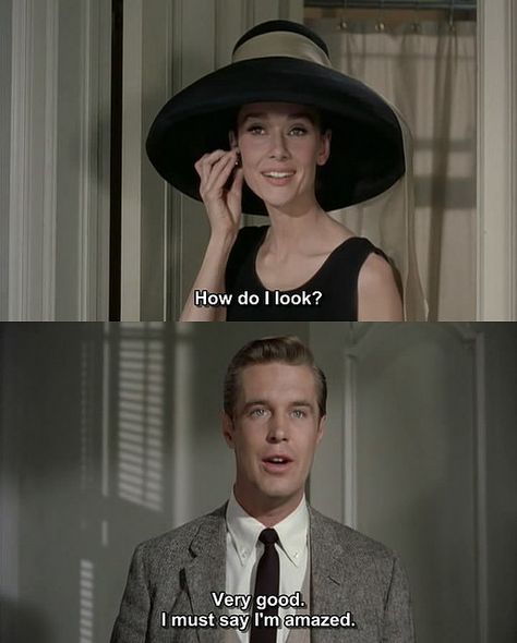 -¿Como me veo?                                               -Muy bien. Debo decir que estoy asombrado. DESAYUNO EN TIFFANY'S (1961) Breakfast At Tiffany's Quotes, Klasik Hollywood, George Peppard, Blake Edwards, Holly Golightly, Daphne Blake, Katharine Hepburn, Moon River, Movie Lines