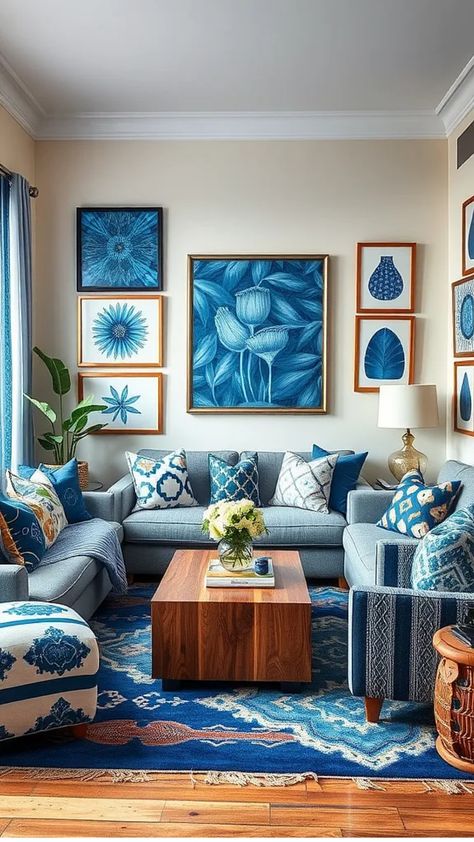 Cozy living room with blue-themed decor, floral artwork, and patterned cushions. Blue Accent Living Room Ideas, Blue Accent Living Room, Living Room Ideas For Men, Blue Accents Living Room, Blue Living Room Ideas, Soft Blue Walls, Accent Living Room, Blue Sofas Living Room, Blue Accent Walls