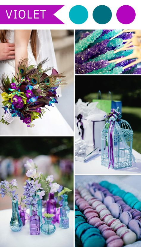 violet and teal blue peacock themed wedding color ideas Teal And Violet Wedding, Wedding Peacock Theme, Teal And Purple Decor, Black Teal And Purple Wedding, Purple And Teal Flowers, Purple And Aqua Wedding, Vaporwave Wedding Theme, Cyan Wedding Theme, Teal Themed Wedding