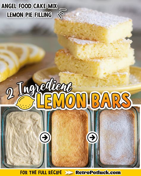 2 ingredient lemon bars are made from just one can of lemon pie filling and one box of angel food cake mix. Vintage Recipe Tin #lemon #lemonbars #angelfoodcake #dessertrecipes #vintage #vintagerecipes #retro Lemon Cake Bars, Easy Lemon Bars, Lemon Sour Cream Pie, Lemon Bar Recipe, 2 Ingredient Cakes, Doctored Cake Mix Recipes, Angel Food Cake Mix, Lemon Bars Easy, Lemon Pie Filling