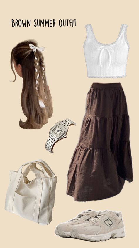 Long brown skirt, white tank, silver watch, big beige tote, and the New Balance 530, half down half up braided hair with a white ribbon bow Brown Skirt Outfit Summer, Long Beige Skirt Outfit, Brown Long Skirt Outfit, Long Brown Skirt Outfit, Brown Long Skirt, Brown Skirt Outfit, Long Skirt Outfits For Summer, Fire Outfits, Long Brown Skirt