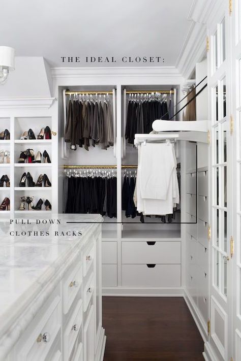 The ideal closet definitely has this feature! The pull-out rack--for easy reaching of top clothes racks! Ideas Armario, Transitional Closet, Organiser Son Dressing, Closet Island, Organized Closet, Closet Vanity, Dressing Room Closet, Amazing Closets, Walking Closet