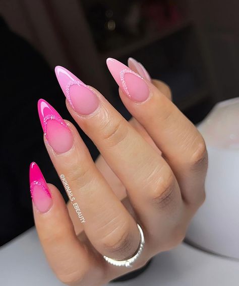 Pink French Almond Nails, Pink Almond Nails, Kylie Nails, Beauty Hacks Nails, Magic Nails, Ombre Acrylic Nails, Blush Nails, Dope Nail Designs, Classy Acrylic Nails