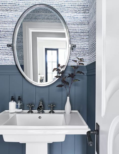 The Best Blue Gray Paint Colors Designers Always Use Dark Blue Grey Paint, Striped Bathroom, Blue Gray Paint Colors, Emily Henderson Design, Wallpaper Bathroom, Blue Gray Paint, Grey Paint Colors, Emily Henderson, Wallpaper Accent Wall