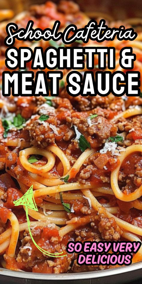 School Cafeteria Spaghetti & Meat Sauce Chili Over Spaghetti, School Cafeteria Food Ideas, Spaghetti With Meat Sauce Recipes, Leftover Spaghetti Sauce Ideas Dinners, Lunch Lady Spaghetti, School Cafeteria Spaghetti, School Cafeteria Spaghetti Recipe, School Spaghetti Recipe, Sweet Spaghetti Sauce