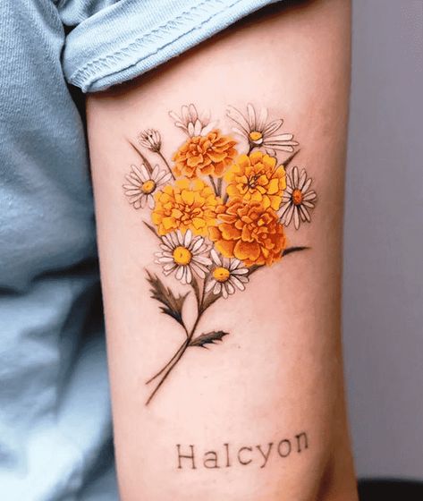 Marigold Tattoo Design Images (Marigold Ink Design Ideas) Carnation Daisy Marigold Tattoo, Marigold And Sunflower Tattoo, Marigold And Daisy Flower Tattoo, Marigold And Daisy Tattoo, Robson Carvalho Tattoo, Simple Marigold Tattoo, Marigold Tattoo Design, Autumn Tattoo Ideas, Marigold Flower Tattoo