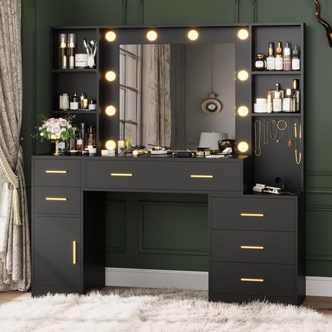 Beautiful Dressing Table Designs, Grey Vanity Table, Black Vanity Bedroom, Dressing Mirror Design, Black Aesthetic Room, Dressing Table Light, Black Dressing Table, Black Vanity Table, Black Makeup Vanity