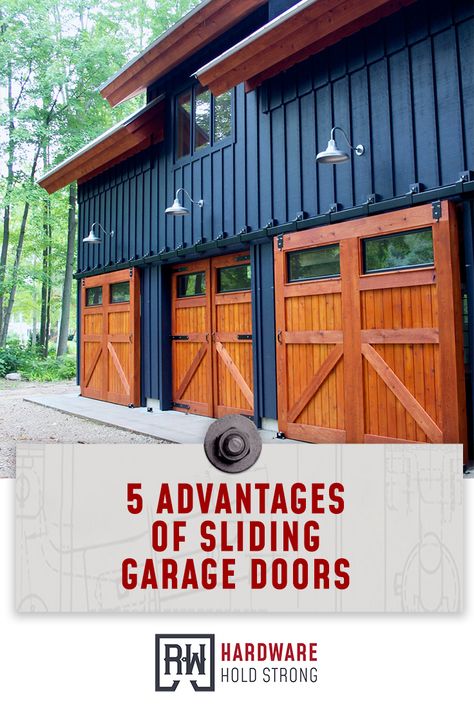 Exterior Sliding Barn Doors Garages, Sliding Garage Door Ideas, Pole Barn Garage Doors, Oversized Garage Doors, Barndominium Garage Doors, Barn Door Garage Doors, Pole Barn Colors Scheme, Barn Garage Doors, Venue Exterior