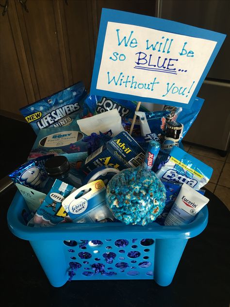 Miss You Baskets Gift Ideas, Blue Without You Gift Basket, Moving Gift Basket, Blue Gift Basket Ideas, Blue Themed Gift Baskets, Blue Gift Basket, Handmade Cards For Friends, Birthday Baskets, Everything Blue