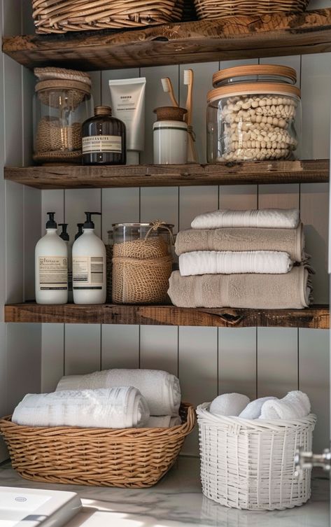 Small Bathroom Shelf Storage, Storage In Bathroom Ideas, How To Style Bathroom Shelves, Unique Apartment Ideas, Open Bathroom Shelving, Small Home Interior Design Ideas, Small Bathroom Decoration, Bathroom Shelving Ideas, Small Bathroom Ideas Decorating