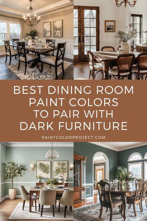 best dining room paint colors to pair with dark furniture Dark Cherry Wood Dining Room Table, Dining Room Paint With Chair Rail, Dark Dining Room Furniture, Dining Room Dark Green Walls, Formal Dining Room Paint Colors, Small Dining Room Wall Colors, Wall Paint For Dark Furniture, Dining Room Design Dark Table, Best Colors For Dining Room