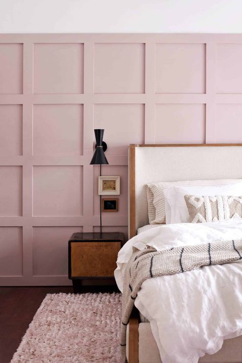 Board and Batten Bedroom Makeover with Arhaus ( Giveaway!) (CLOSED) - A Beautiful Mess Blush Panelling Bedroom, Blush Panelling, Blush Pink Panelling Bedroom, Blush Pink Panelling, Pink Wall Panelling Bedroom, Pale Pink Bedroom Ideas, Pink Feature Wall Bedroom, Pink Panelling Bedroom, Pink Panel Wall