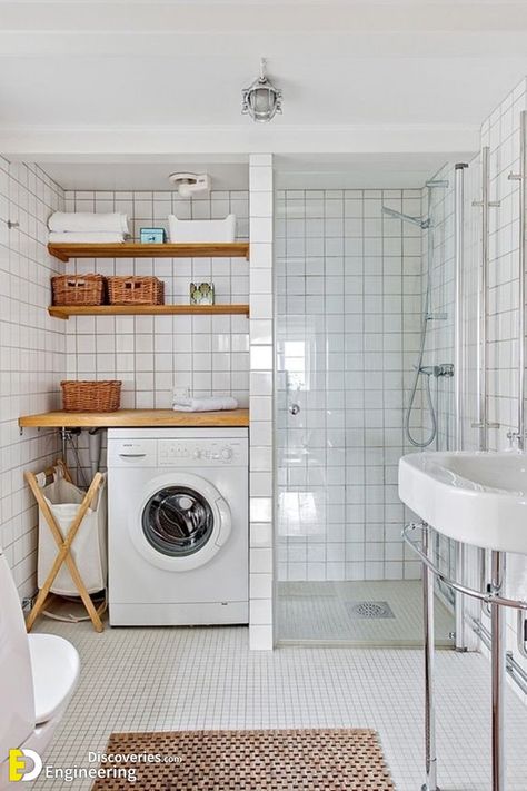 30 Smart Bathroom Design Ideas With Washing Machine - Engineering Discoveries Laundry Bathroom Combo, Room Storage Diy, Laundry Room Bathroom, Bad Inspiration, Vintage Laundry, Diy Bathroom Remodel, Small Laundry Room, Small Laundry, Small Bathroom Storage