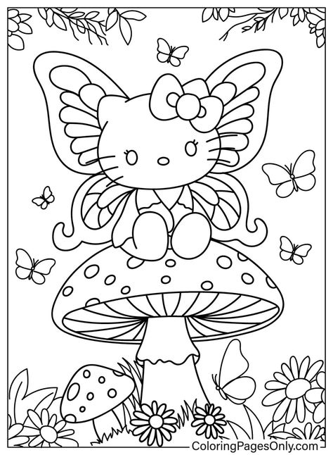 Hello Kitty Sitting On A Mushroom Cute Coloring Pages Hello Kitty, Cutesy Coloring Pages, Mushroom Coloring Pages Free Printable, Coloring Pages Hello Kitty, Goth Coloring Pages, Mushroom Printable, Kids Colouring Pages, Mushroom Coloring Pages, Birthday Coloring Page