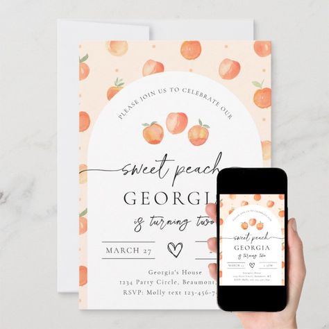 Peach Birthday Invitation  Watercolor Peach  Zazzle Country Birthday Invitations, Peach Birthday Invitation, One Sweet Peach, Summer Birthday Invitations, Peach Birthday, Baby First Birthday Themes, Country Birthday, Fruit Birthday, Peach Party