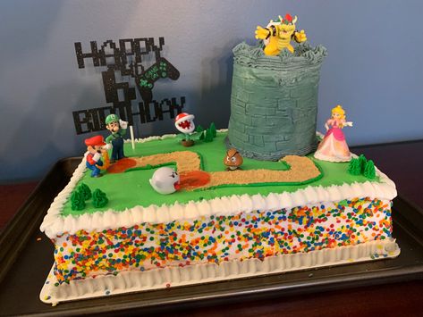 Mario Cake Homemade, Super Mario Bowser Cake, Mario And Bowser Cake, Super Mario Castle Cake, Mario Sheet Cake Ideas, Mario Castle Cake, Super Mario Birthday Sheet Cake, Super Mario Sheet Cake, Super Mario Cake Easy