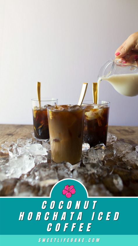 Coconut Horchata Iced Coffee! For my coffee lovers out there have, this homemade Coconut Horchata iced coffee is absolutely delicious, simple to make and is the perfect afternoon recharge. Horchata (pronounced or-CHAH-tah) is a Mexican drink made with rice. Flavored with cinnamon, sugar or nuts and seeds this creamy beverage is popular served over ice in summer. Horchata Iced Coffee, Coconut Horchata, Sweet Lemonade Recipe, Horchata Coffee, Homemade Horchata, Nibbles For Party, Brunch Cafe, Mexican Drinks, Creamy Rice