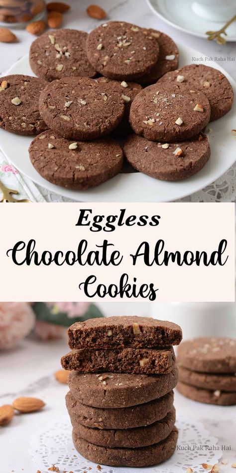 Eggless Healthy Cookies, Cookies Recipes Eggless, Eggless Cookies Recipes, Eggless Biscotti Recipe, Eggless Chocolate Cookies, Cookies Recipes Indian, Chocolate Almond Cookies, Chocolate Cake Ideas, Cake Recipe Chocolate