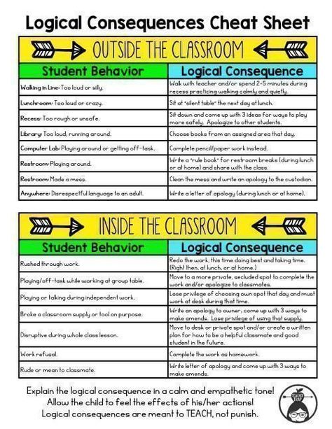 Classroom Management Makeover: Tips and logical consequences cheat sheet! Logical Consequences, Teaching Classroom Management, Conscious Discipline, Class Dojo, Responsive Classroom, Love And Logic, Classroom Procedures, Classroom Behavior Management, Behaviour Management