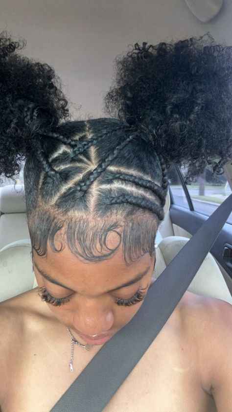 two buns with a cute braided style Flat Iron Hairstyles Natural Hair, Natural 90s Hairstyles, Short Hair Natural Styles For Black Hair, Natural Hair Styles Cornrows, Natural Hair Styles Ponytail, Black Women Hairstyles Natural, Nature Hairstyles, High Bun Hairstyle, Braided Twist