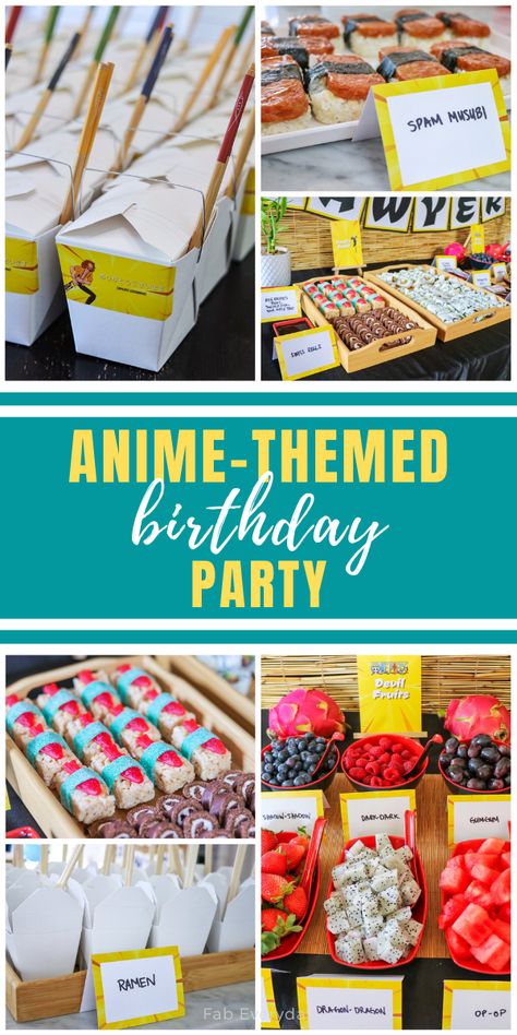 My Hero Academia Party Theme, One Piece Anime Birthday Party Ideas, Naruto Party Food Ideas, Anime Party Theme, Demon Slayer Bday Party, Anime Birthday Decoration Ideas, Gel Blaster Party, Jujitsu Birthday Party Ideas, Manga Birthday Party Ideas