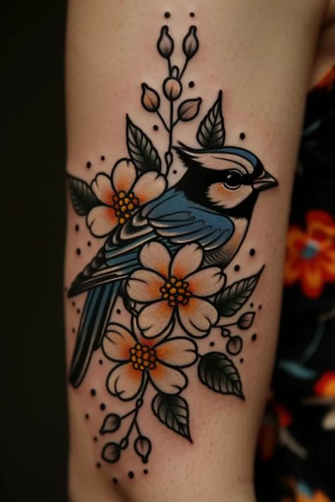 Tattoos For Women Black And White, Blackbird Tattoo Traditional, Green Bird Tattoo, Blue Jay And Flower Tattoo, Neo Traditional Blue Jay Tattoo, Chickadee Tattoo Traditional, Vibrant Floral Tattoo, Classic American Tattoos Women, Large Upper Arm Tattoos For Women