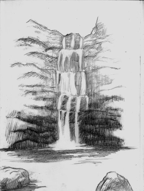 Jul 7, 2018 - This Pin was discovered by Ramona De Jager Re. Discover (and save!) your own Pins on Pinterest Waterfall Sketch, Waterfall Tattoo, Waterfall Drawing, Landscape Pencil Drawings, Fall Drawings, Pencil Drawings For Beginners, Nature Art Drawings, Waterfall Landscape, Landscape Sketch