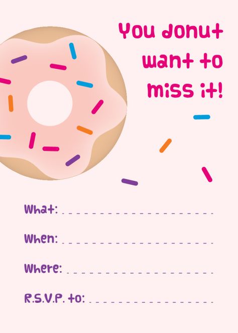 freeprintabledonutpartyinvitationpink Holiday Party Invite Wording, Donut Party Ideas, Birthday Breakfast Party, Donut Invitation, Doughnut Party, Birthday Party Invitations Free, Donut Themed Birthday Party, Donut Birthday Party, Pink Donut