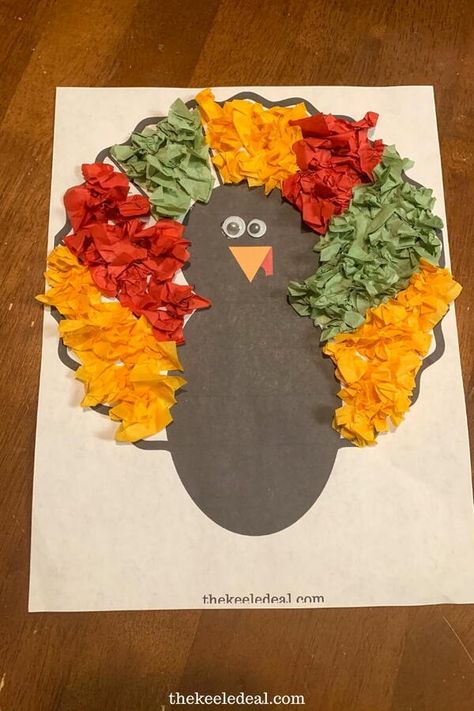 Learning about turkeys or need a fun turkey activity for Thanksgiving? This tissue paper turkey craft is perfect. Use the free printable turkey template and some tissue paper to make this adorable turkey.Use several different colors of tissue paper or just one it's up to you! This craft is not only cute it's a great fine motor skill activity for kids. Once you finish creating your tissue paper turkey craft use it for a fun Thanksgiving decoration or send it to grandma. Tissue Paper Turkey, Printable Turkey Template, Turkey Template, Paper Turkey, Thanksgiving Crafts For Toddlers, Turkey Activity, Thanksgiving Turkey Craft, Turkey Handprint, Thankful Tree