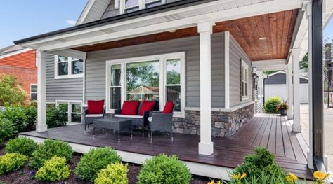 Grey House Paint, Red Patio Furniture, Popular Interior Paint Colors, Modern Front Porches, Exterior Gray Paint, Gray House Exterior, Traditional Porch, Light Blue Paints, White Siding