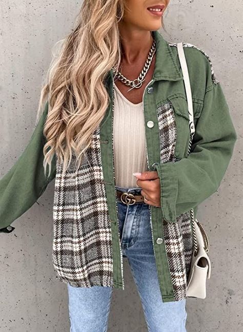 Fall Outift - Fall Flannel - Fall Jacket - Fall Trends - Plaid - Button Down - Shacket - Jacket - Oversized Trendy Denim Jacket, Patchwork Denim Jacket, Trendy Denim, Patchwork Denim, Denim Patchwork, Long Sleeve Plaid, Denim Jacket Women, Plaid Jacket, Mode Vintage