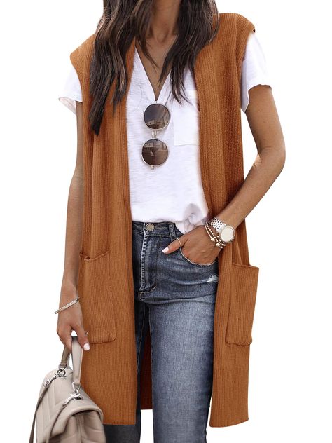 Buy STARVNC Women Open Front Pocket Solid Color Sleeveless Cardigan at Walmart.com Tunic Vest, Long Duster Cardigan, Shrug For Dresses, Sleeveless Coat, Fall Cardigans, Sleeveless Cardigan, Long Sweaters Cardigan, Comfy Sweaters, Sweater Brands