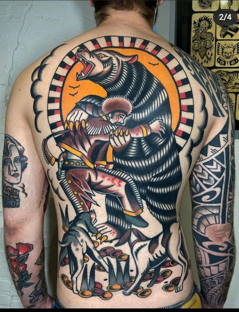 Large Traditional Tattoo Back Pieces, Neotraditional Back Piece, Backtattoos Back For Men, American Traditional Tattoos Backpiece, American Trad Back Tattoo, Traditional Tattoos Backpiece, Traditional Backpiece Tattoo, Trad Chest Tattoo, Trad Back Tattoo