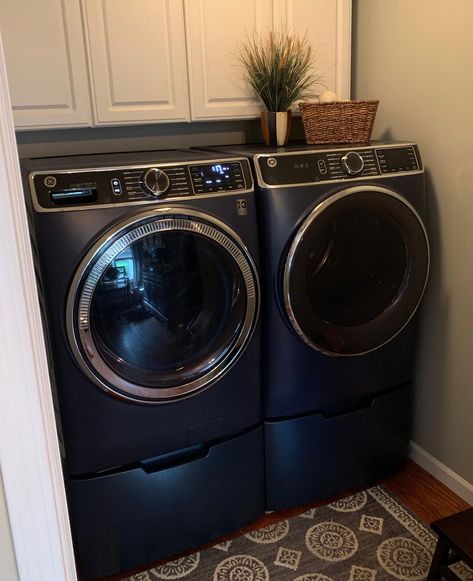 Blue Washer And Dryer, Ge Washer And Dryer, Washer And Dryer Pedestal, Laundry Room Decor Diy, Washer Dryer Set, Laundry Pedestal, Detergent Dispenser, King Size Comforters, Laundry Dryer