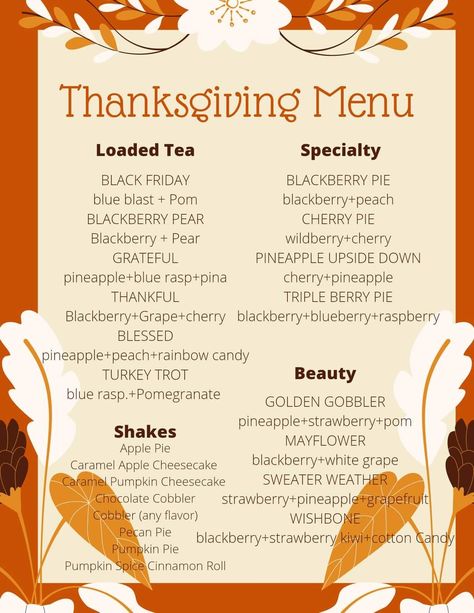 Fall Drinks Herbalife, Fall Menu Herbalife, Herbalife Thanksgiving Tea, Fall Herbalife Recipes, Fall Teas Herbalife, Herbalife Fall Recipes, Thanksgiving Loaded Teas Herbalife, November Herbalife Teas, Thanksgiving Herbalife Tea Recipes