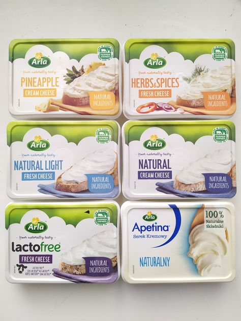 (Arla) Cream Cheese with flavoried (200g) Natural ingredients. - Pineapple; - Herbs & Spices; (fresh cheese) - Natural Light; (fresh cheese) - Natural; - Lacto free, (fresh cheese) - Apetitna, serek Kremowy. Naturalny. Cream Cheese Package, Cream Cheese Packaging Design, Cream Cheese Packaging, Cheese Packaging Design, Brand Food, Cheese Packaging, Herbs Spices, Fresh Cheese, Natural Cream