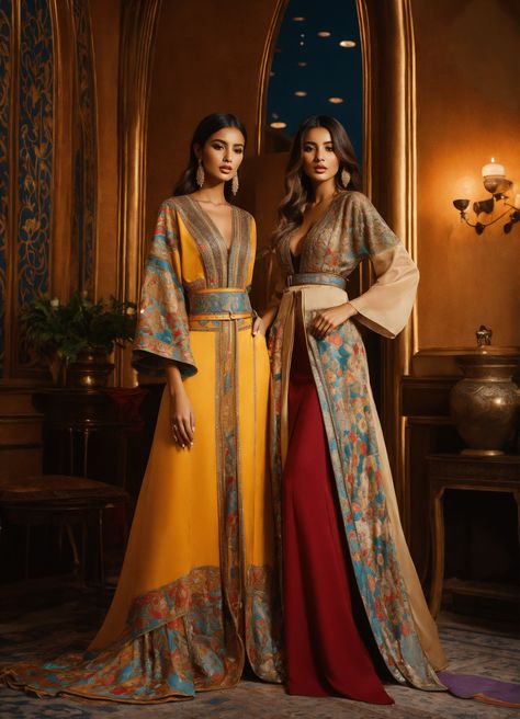 Lexica - Beautiful Arab women blond and another women brunette, wearing With a jacket, with Moroccan stitching on the edges Moroccan sfifa style, wid... Arabian Nights Fashion, Arab Dresses, Arabic Fashion, Arabian Dress, Arabic Dress, Kaftan Designs, Moroccan Fashion, Moroccan Dress, Decor Luxury